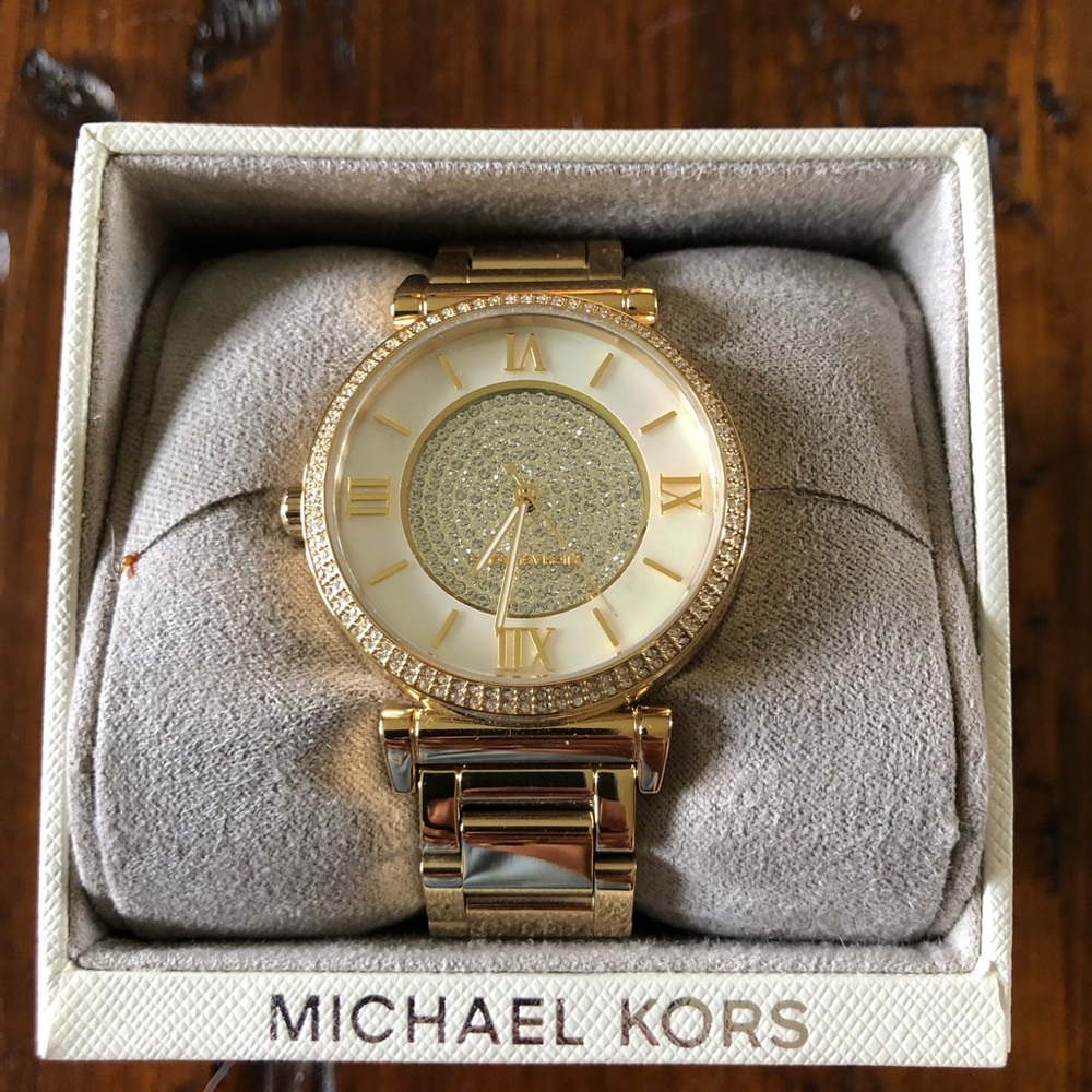BRAND NEW MICHAEL KORS GOLD WATCH back sticker